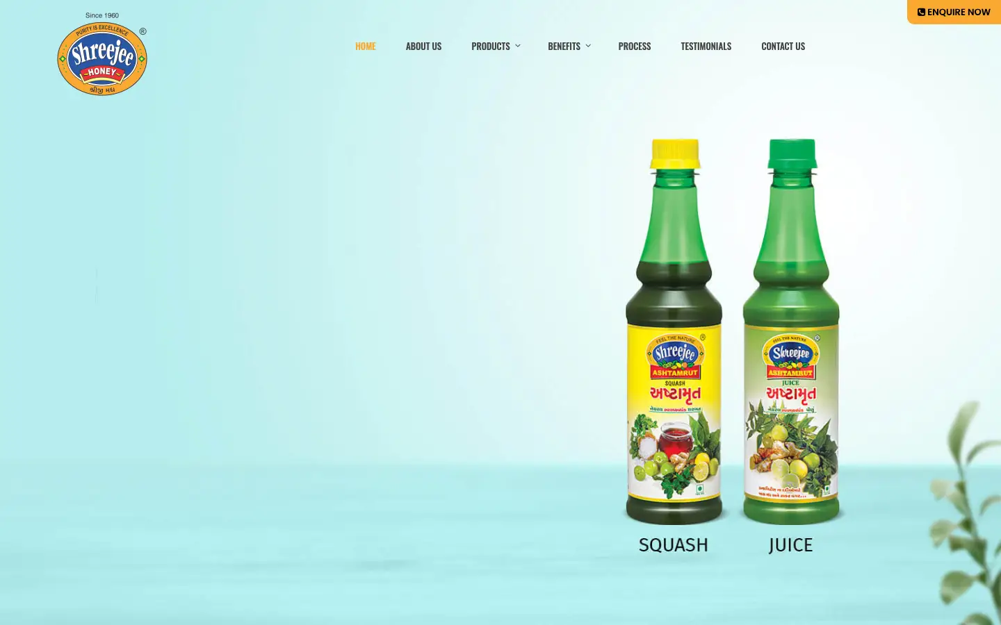 Shreejee Honey homepage on a desktop browser, showing Ashtamrut squash and juice bottles